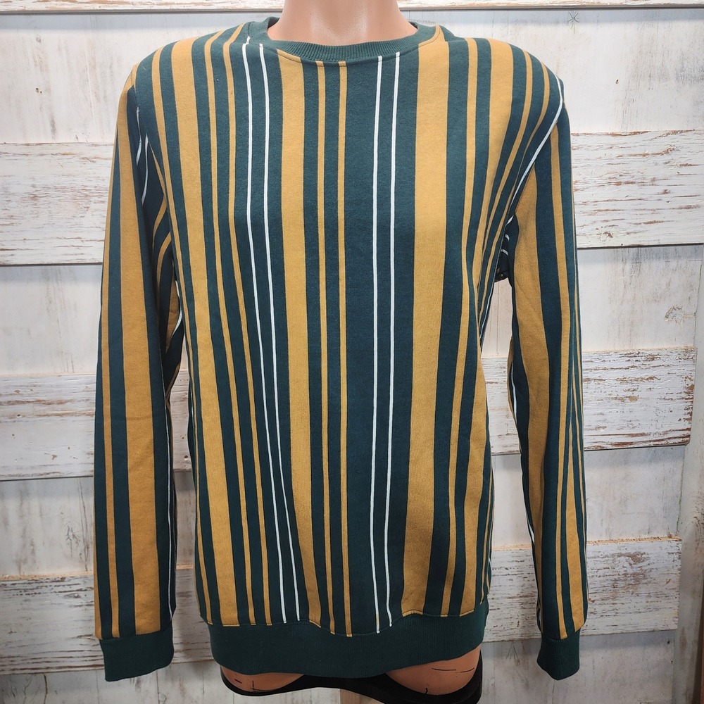 Pull&Bear Mens Vertical Stripe Sweatshirt Green Yellow White Size Large L